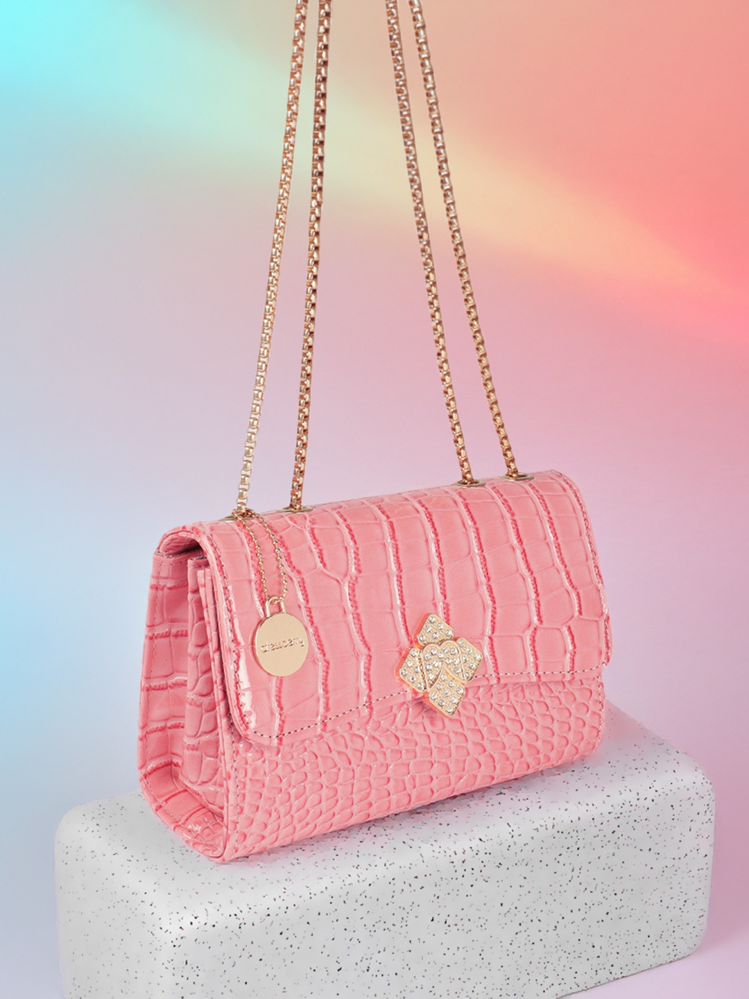 

DressBerry Animal Textured Structured Shoulder Bag with Embellished Detail, Pink