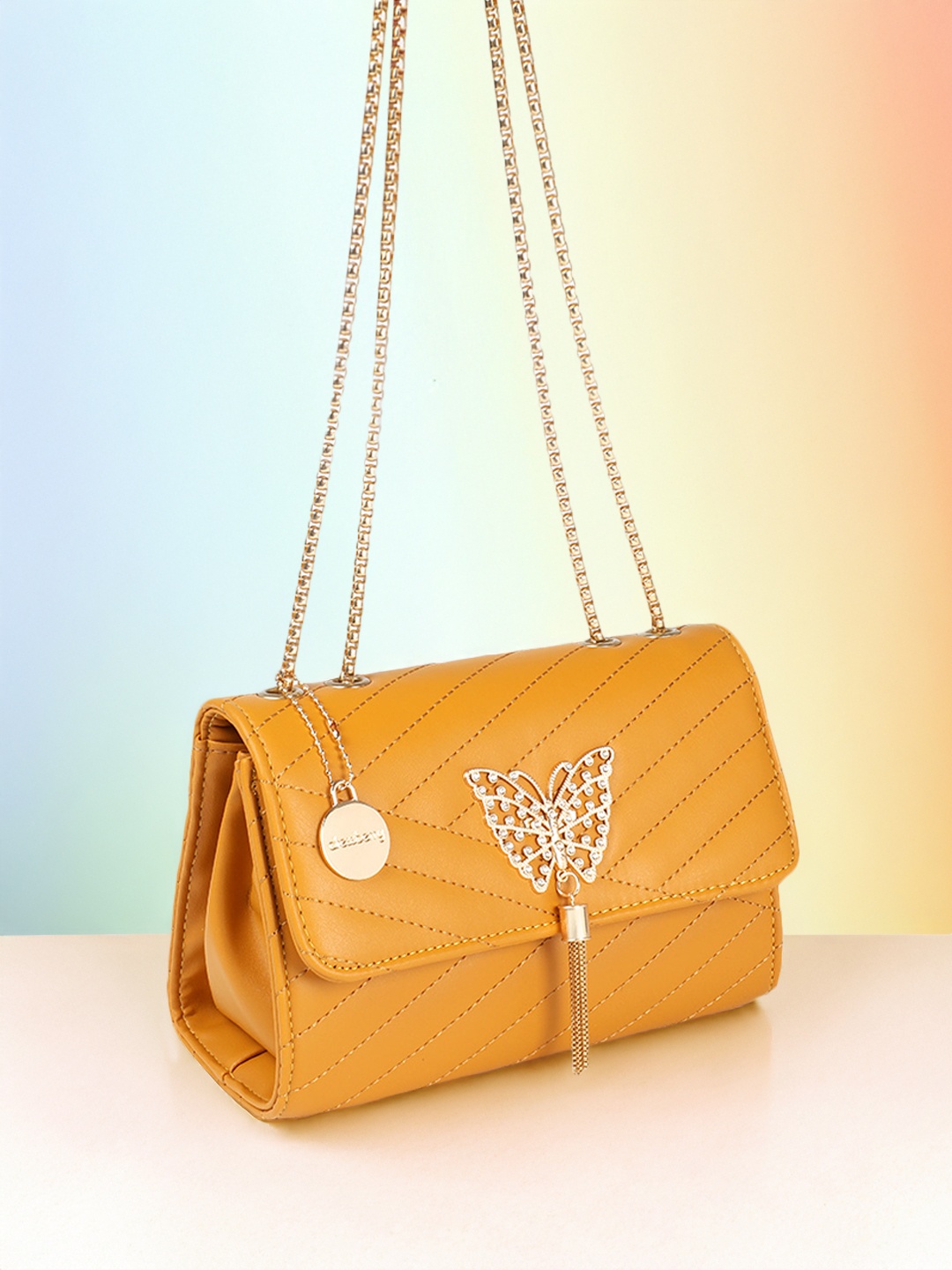 

DressBerry Structured Shoulder Bag with Quilted Details, Mustard