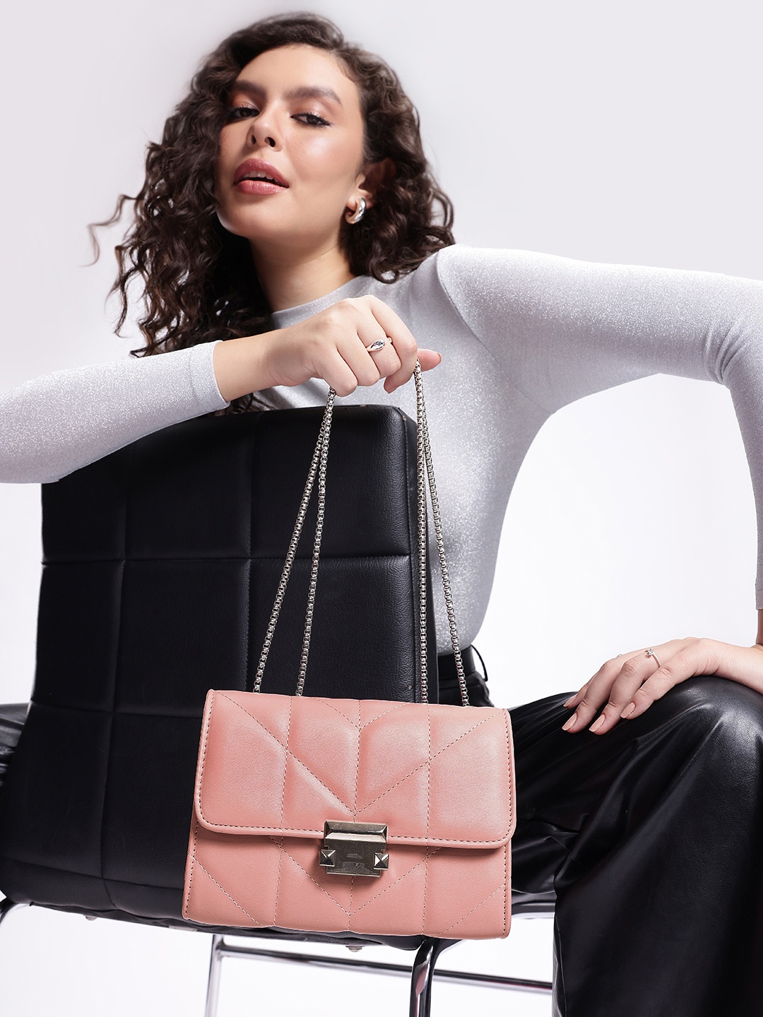 

DressBerry Structured Shoulder Bag with Quilted Detail, Pink