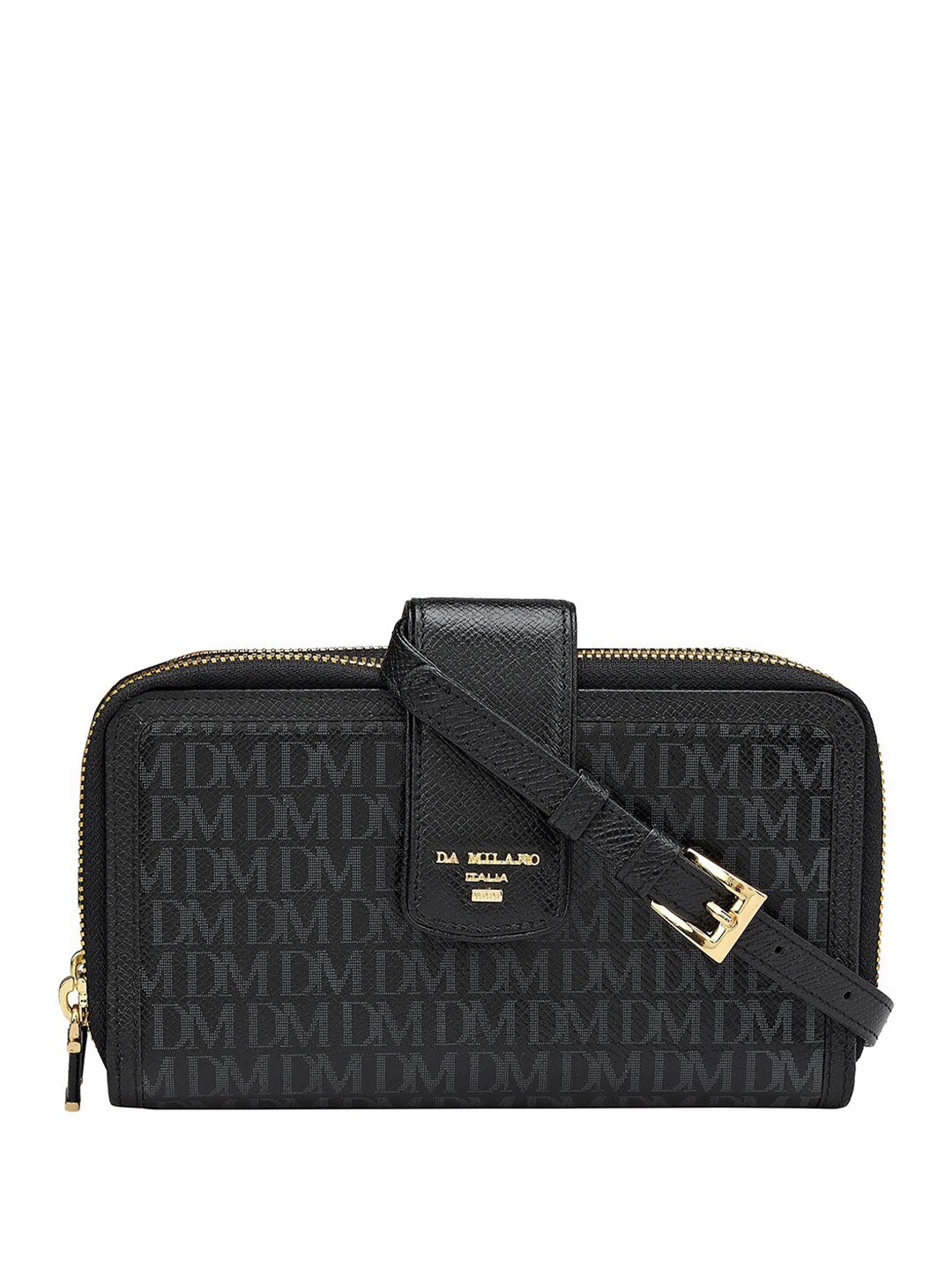 

Da Milano Women Typography Textured Leather Zip Around Wallet, Black
