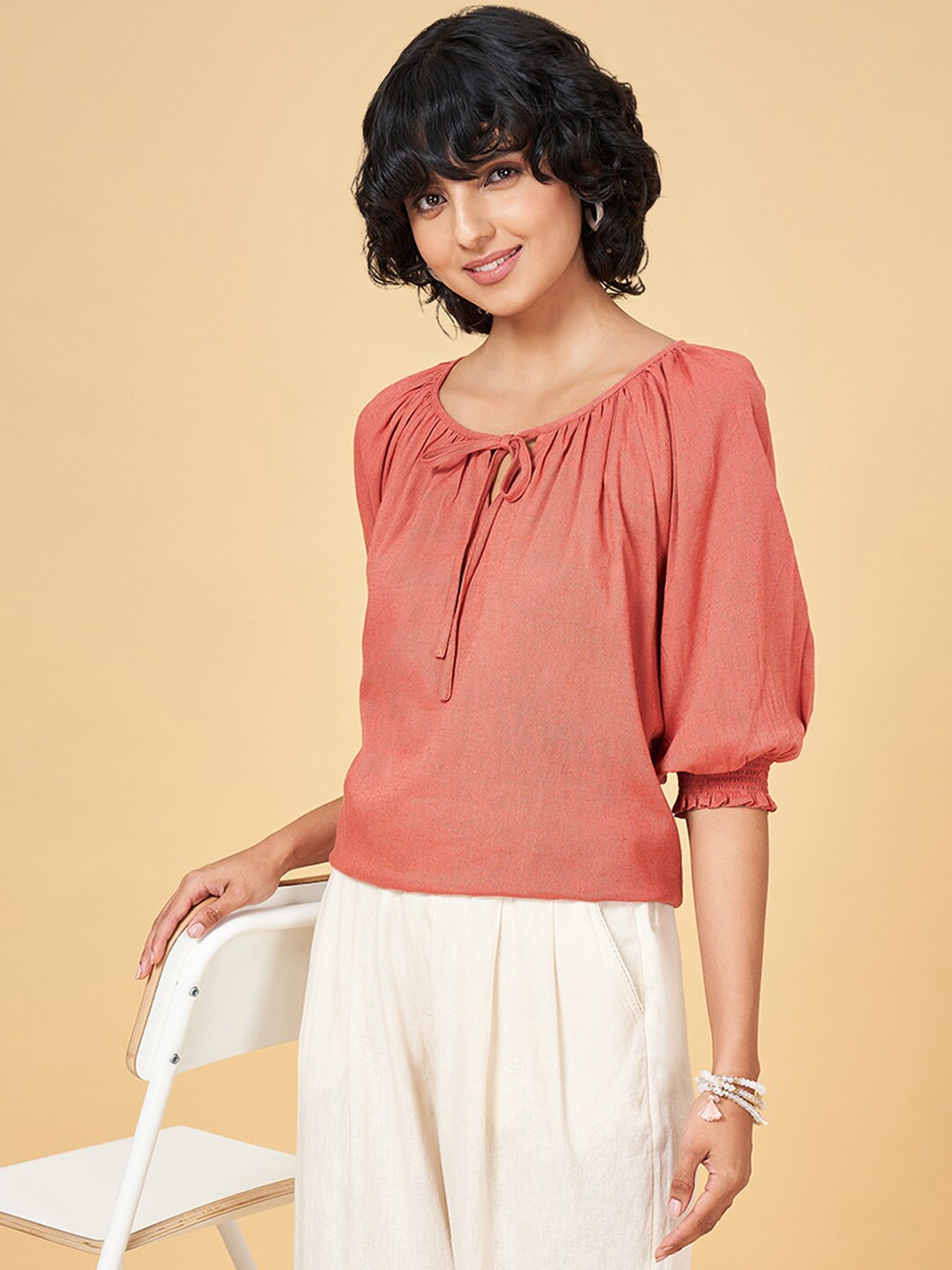 

Honey by Pantaloons Tie-Up Neck Puff Sleeve Top, Rust