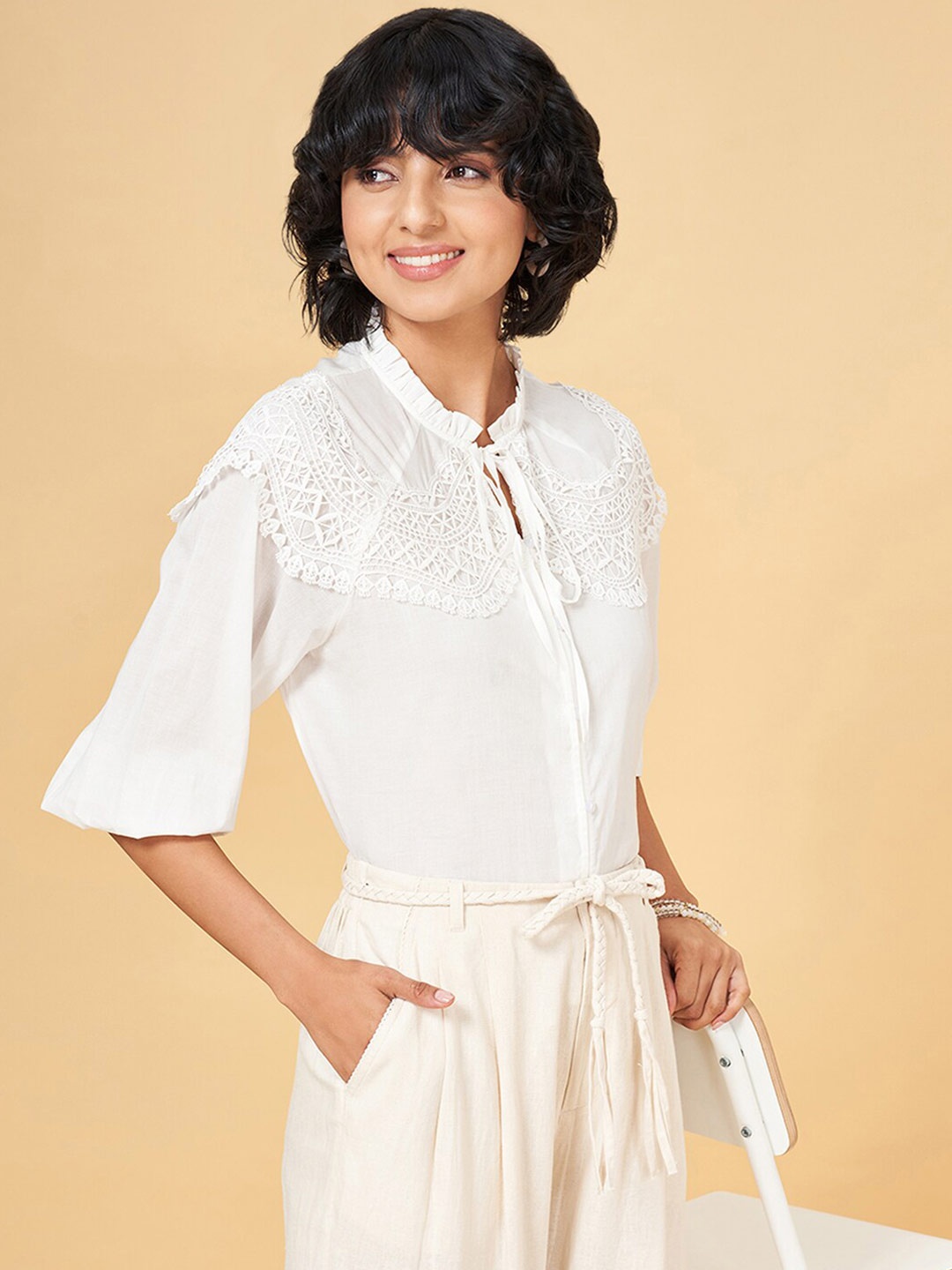 

Honey by Pantaloons Tie-Up Neck Cotton Top, Off white