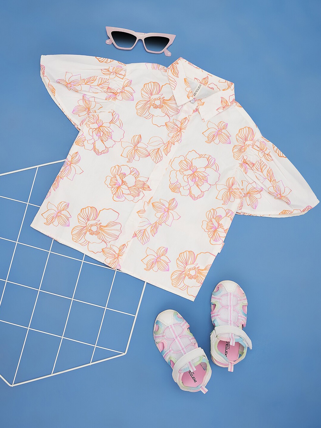 Pantaloons Junior Floral Print Flared Sleeve Cotton Top, White