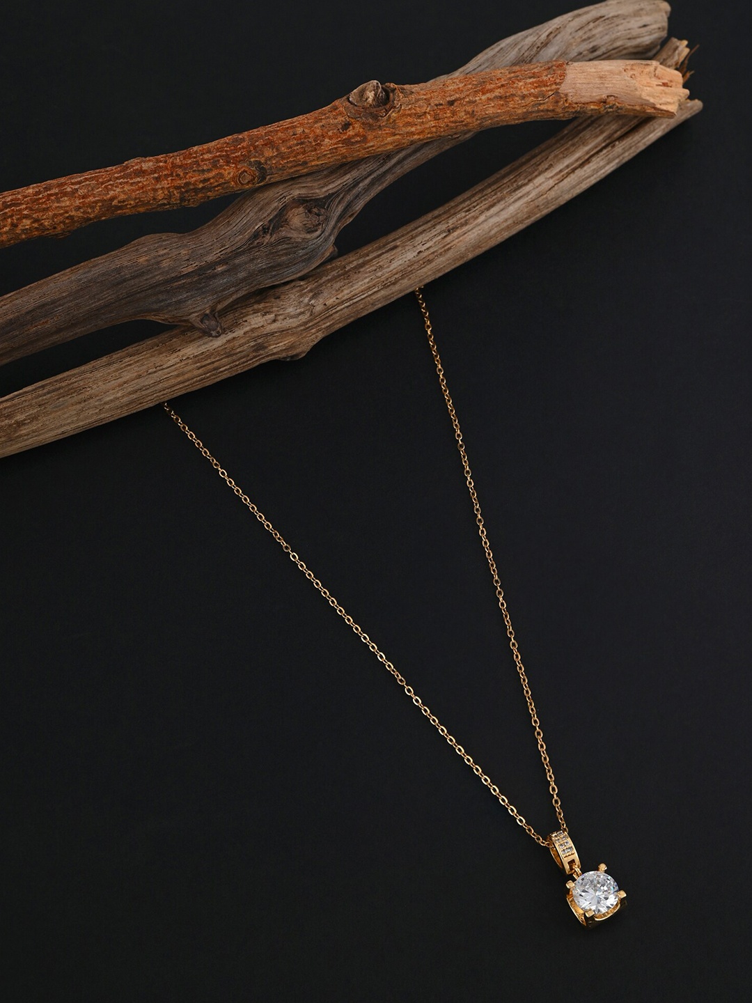 

E2O Metal Gold-Plated Stone-Studded Square Pendant With Chain