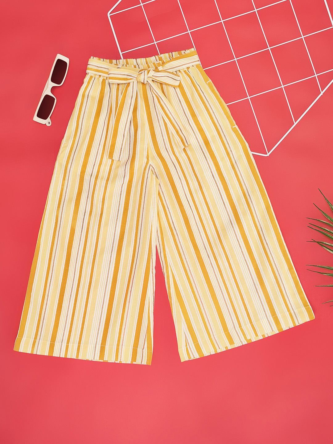 

AKKRITI BY PANTALOONS Girls Striped Culottes Cotton Trouser, Yellow