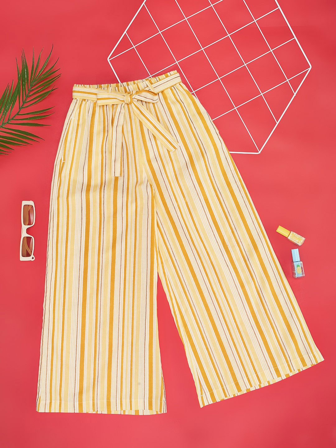 

AKKRITI BY PANTALOONS Girls Striped Culottes Trousers, Yellow