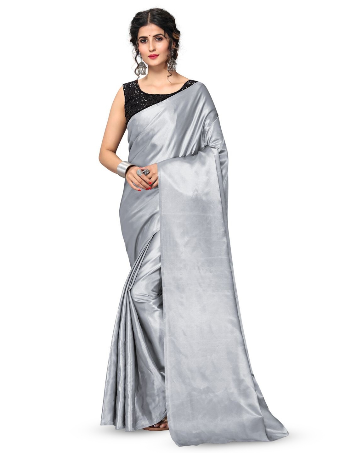 

Aruna Sarees Satin Plain Saree, Grey