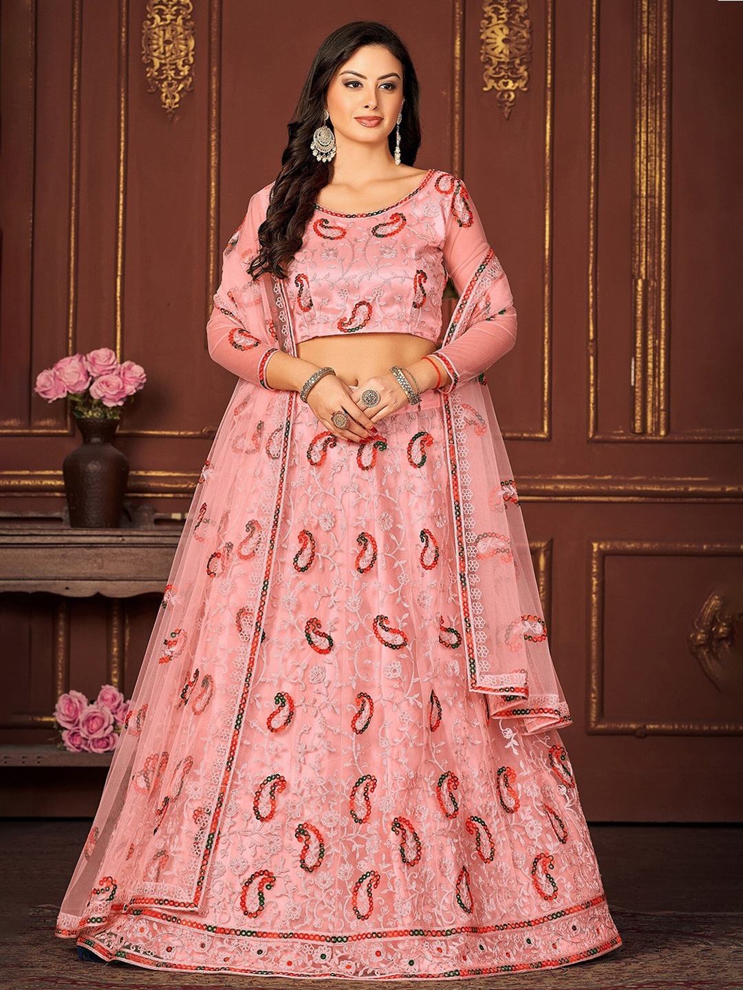 

Warthy Ent Paisley Embroidered Net Semi-Stitched Lehenga & Unstitched Choli With Dupatta, Peach
