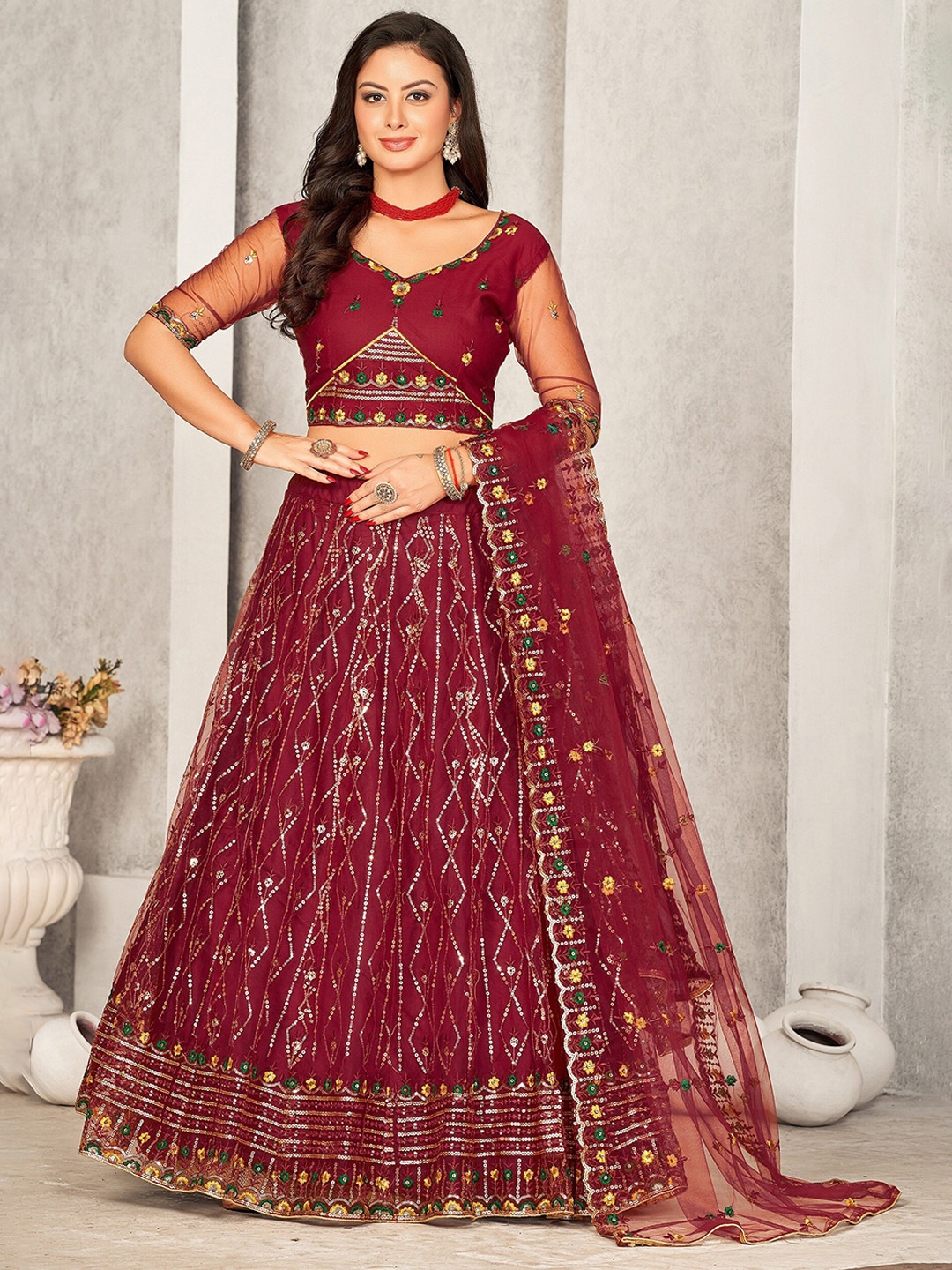 

Warthy Ent Embroidered Thread Work Semi-Stitched Lehenga & Unstitched Blouse With Dupatta, Maroon