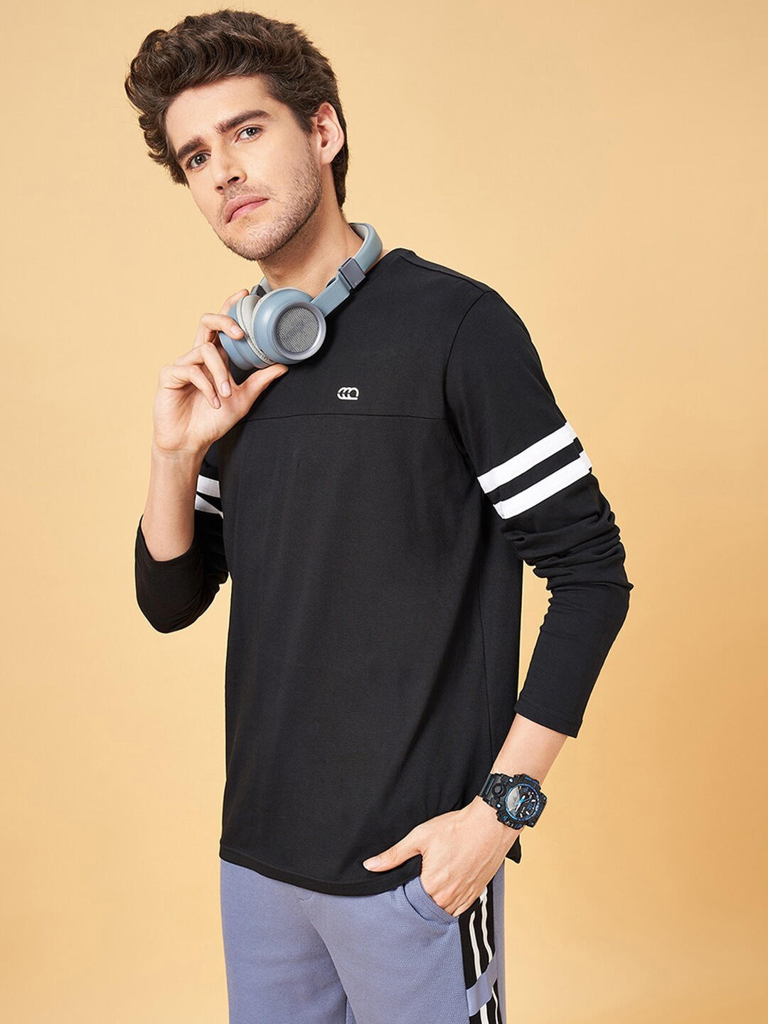 

Ajile by Pantaloons Men pure cotton Polo Collar Applique Slim Fit T-shirt, Black