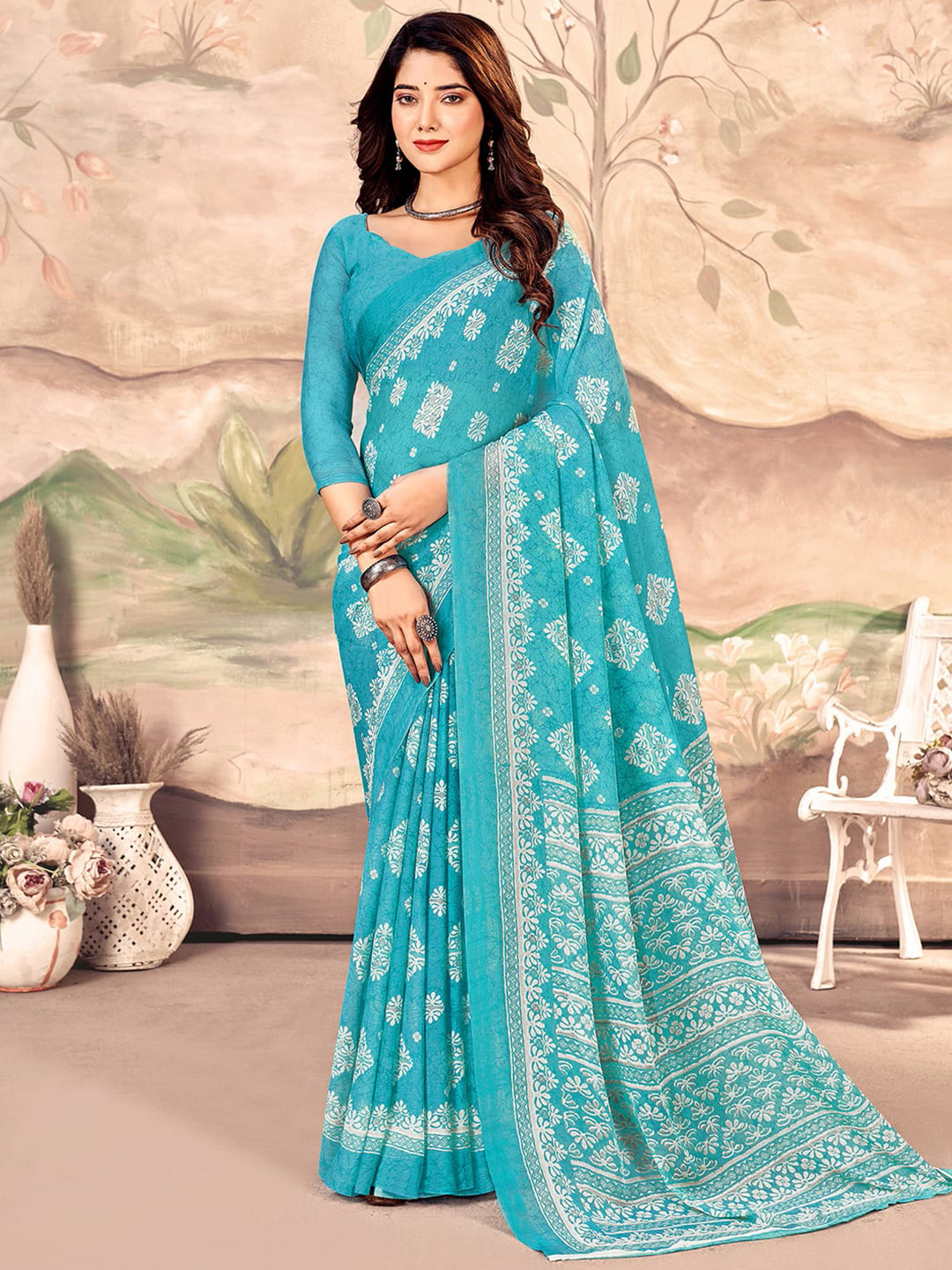 

KALINI Floral Pure Chiffon Chanderi Saree, Blue