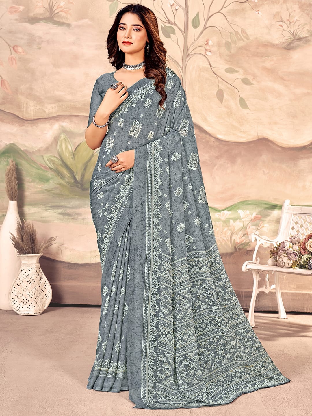 

KALINI Floral Pure Chiffon Chanderi Saree, Grey