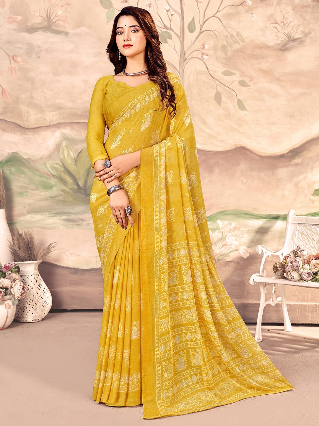 

KALINI Floral Pure Chiffon Chanderi Saree, Yellow