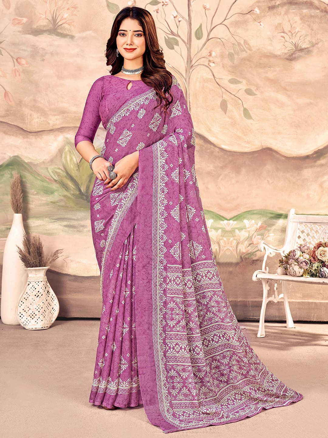 

KALINI Floral Pure Chiffon Chanderi Saree, Magenta