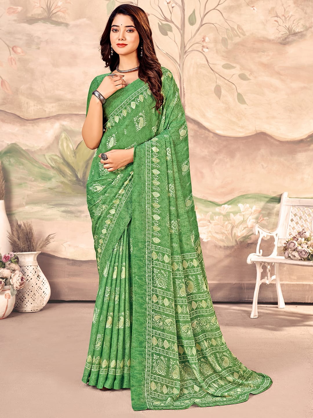 

KALINI Floral Pure Chiffon Chanderi Saree, Green