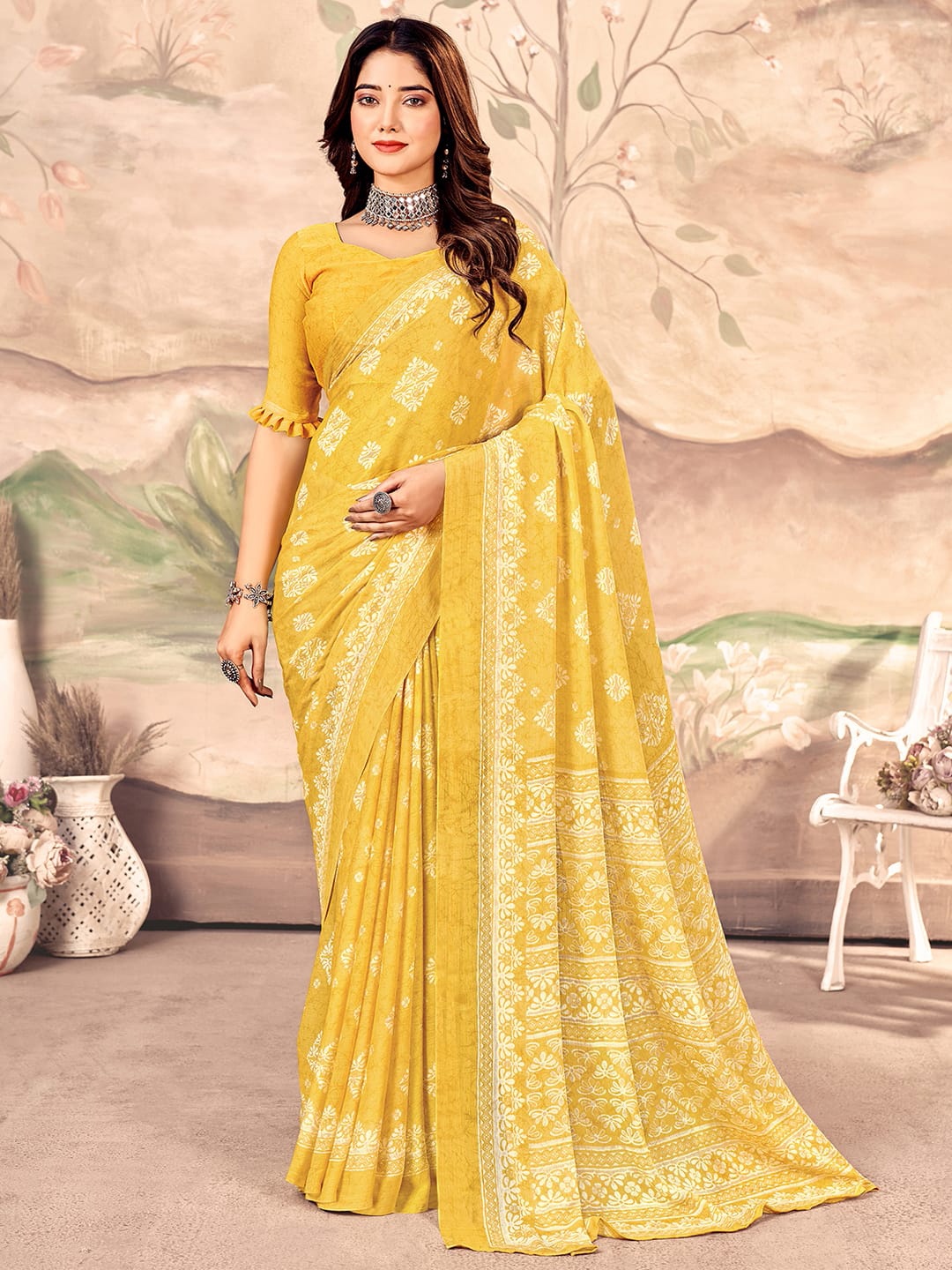 

KALINI Floral Pure Chiffon Chanderi Saree, Yellow