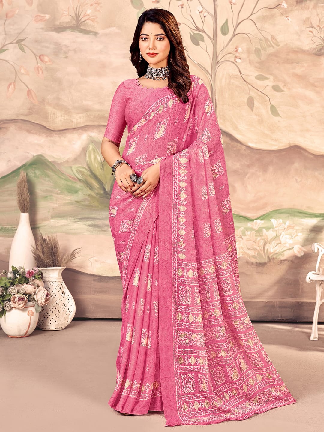 

KALINI Pure Chiffon Chanderi Saree, Pink