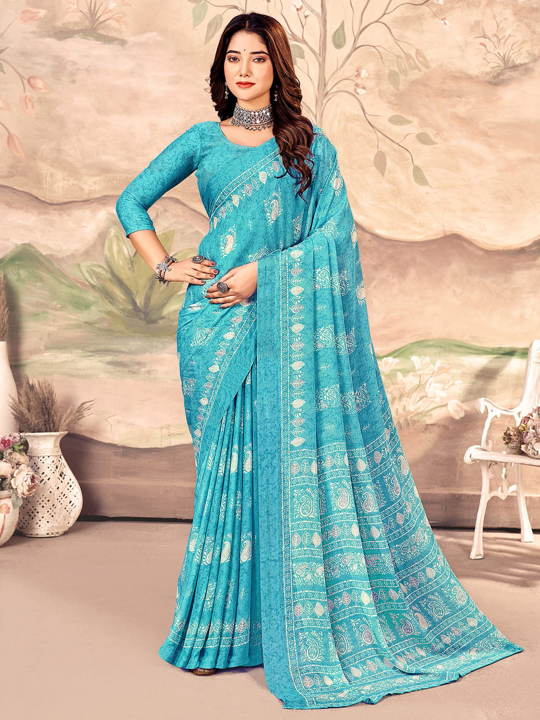 

KALINI Paisley Pure Chiffon Chanderi Saree, Blue