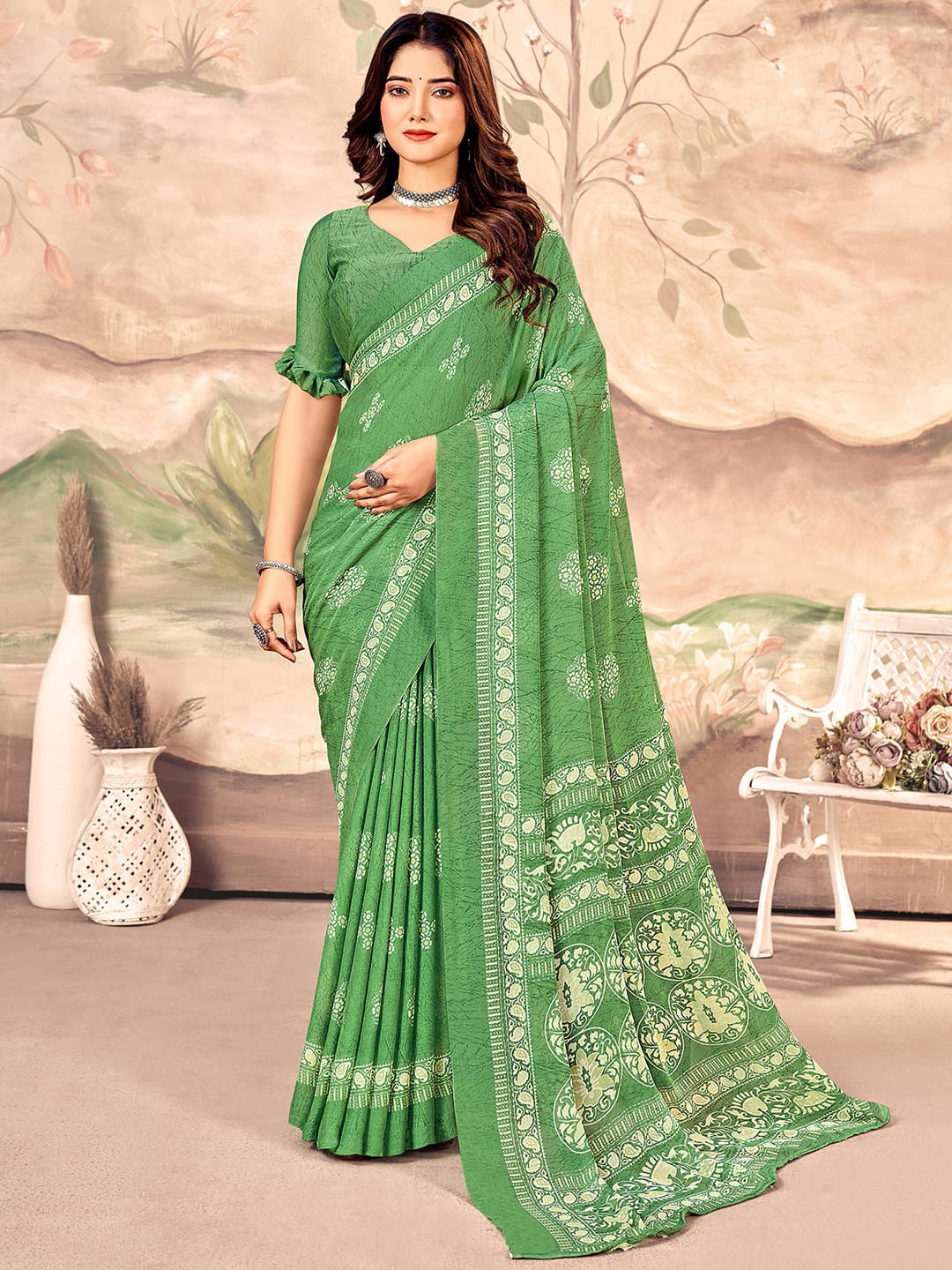 

KALINI Floral Pure Chiffon Chanderi Saree, Green