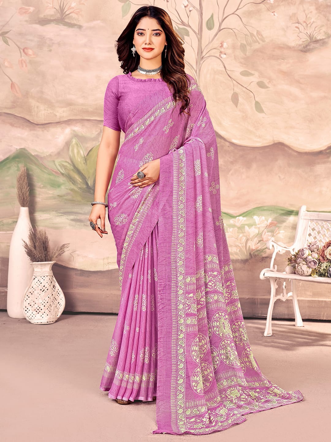 

KALINI Floral Pure Chiffon Saree, Magenta