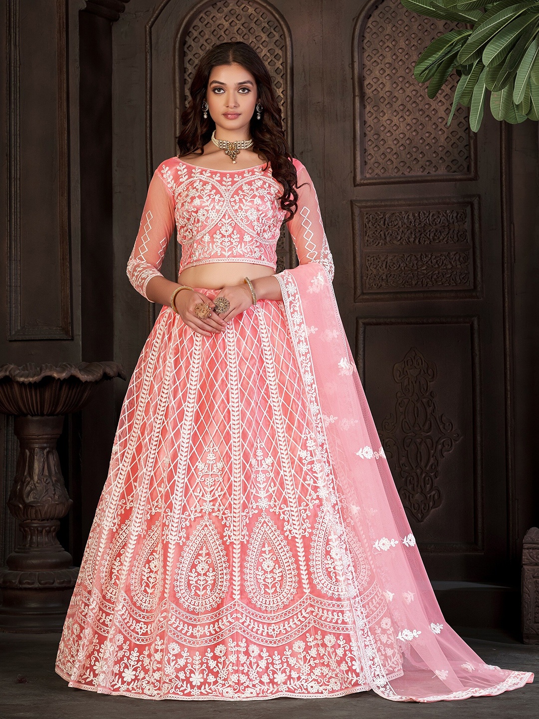 

Warthy Ent Embroidered Thread Work Semi-Stitched Lehenga & Unstitched Blouse With Dupatta, Peach