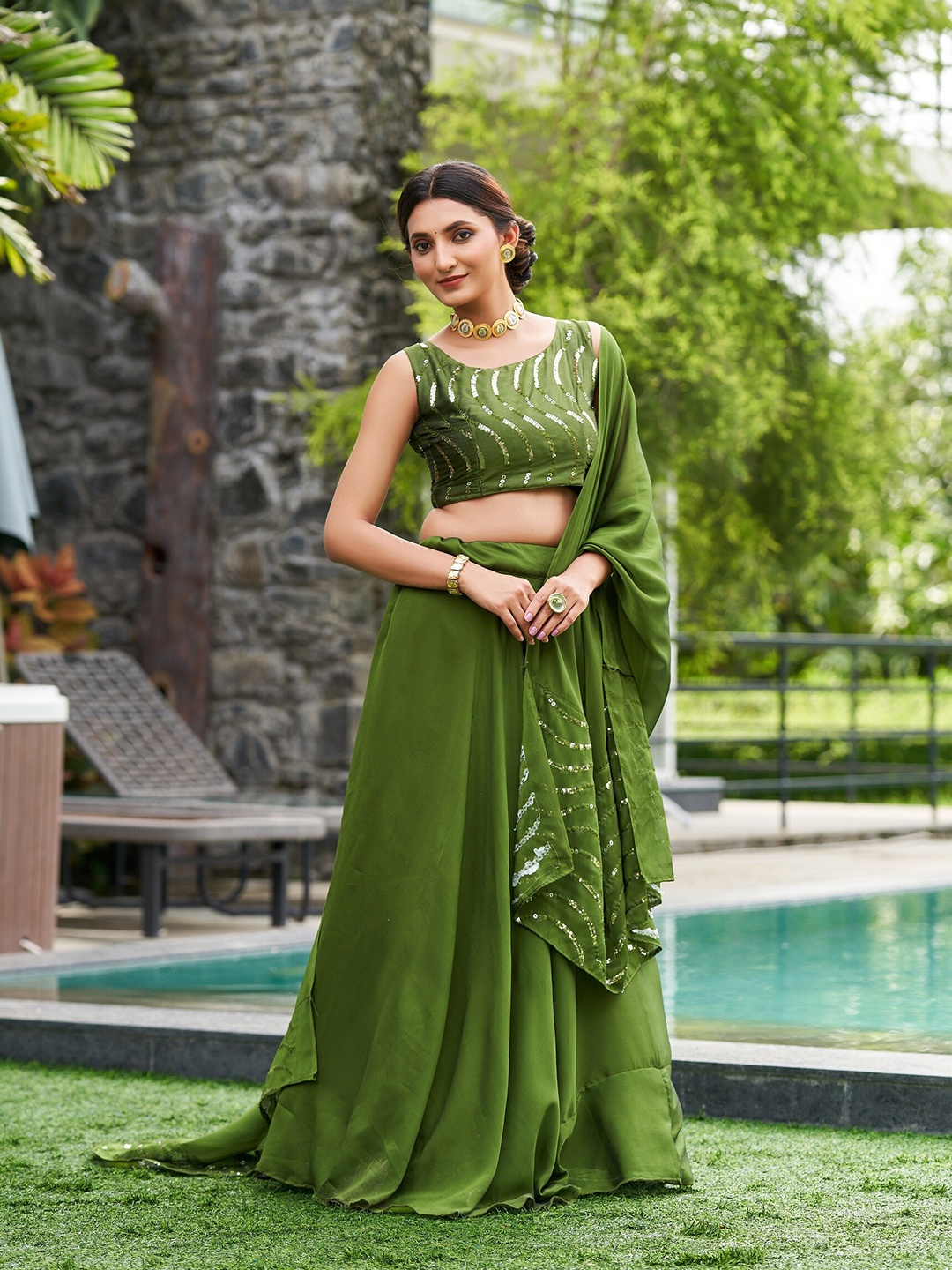 

Warthy Ent Embroidered Sequinned Semi-Stitched Lehenga & Unstitched Blouse With Dupatta, Green