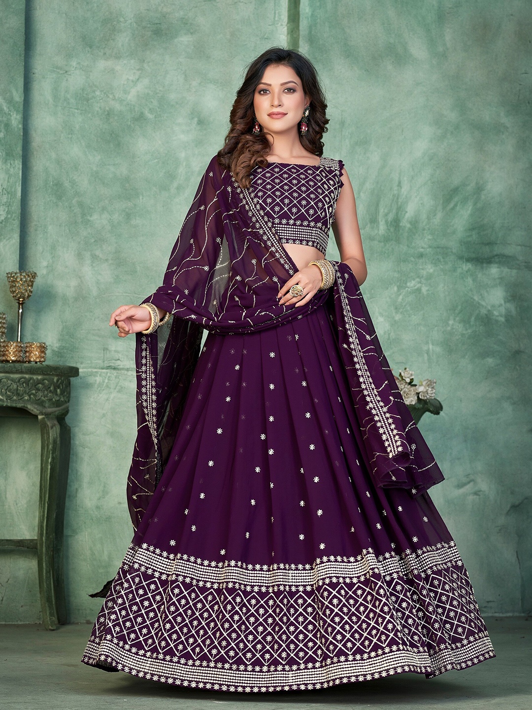 

Warthy Ent Embroidered Sequinned Semi-Stitched Lehenga & Unstitched Blouse With Dupatta, Purple