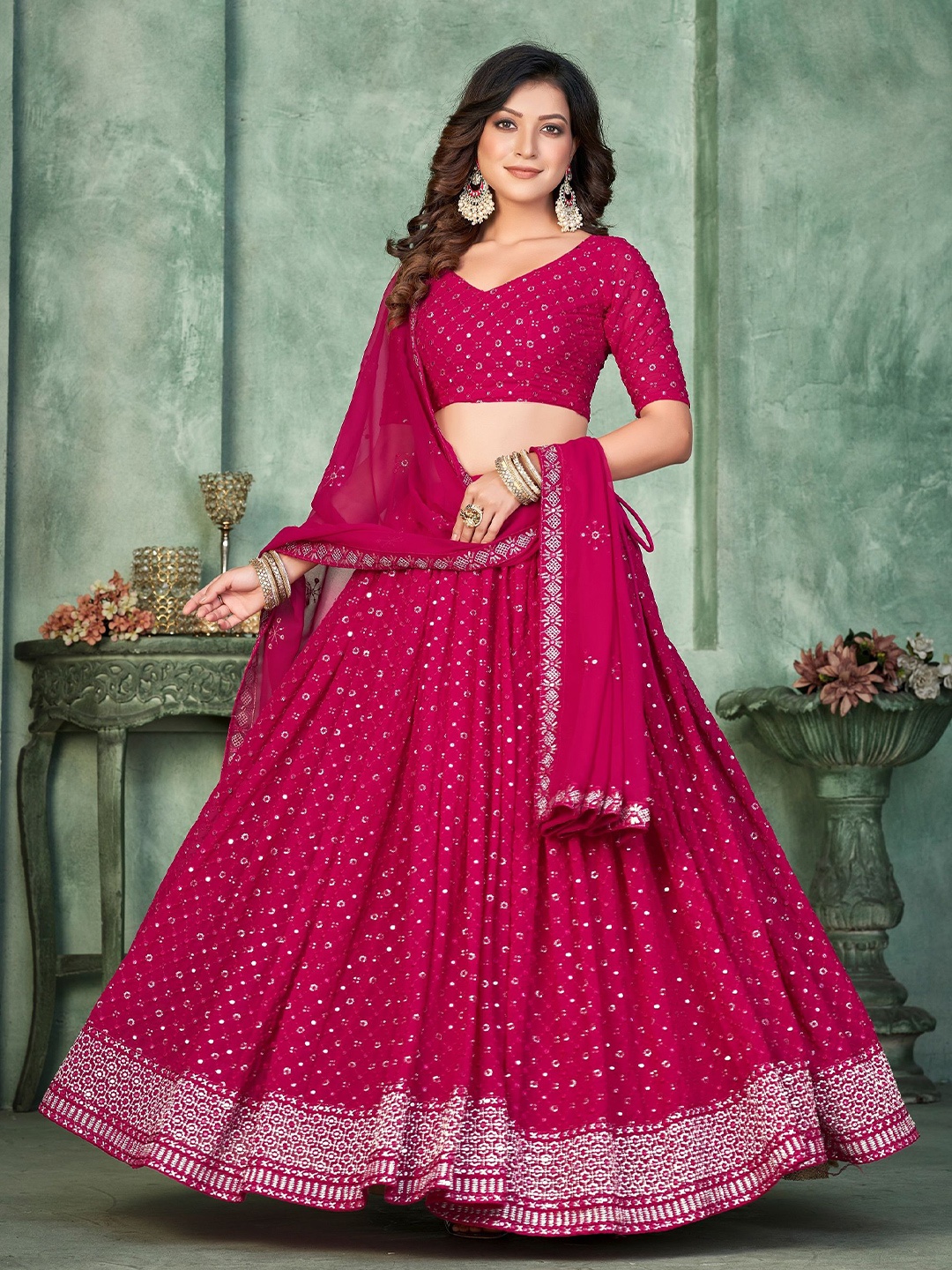 

Warthy Ent Embroidered Sequinned Semi-Stitched Lehenga & Unstitched Blouse With Dupatta, Pink