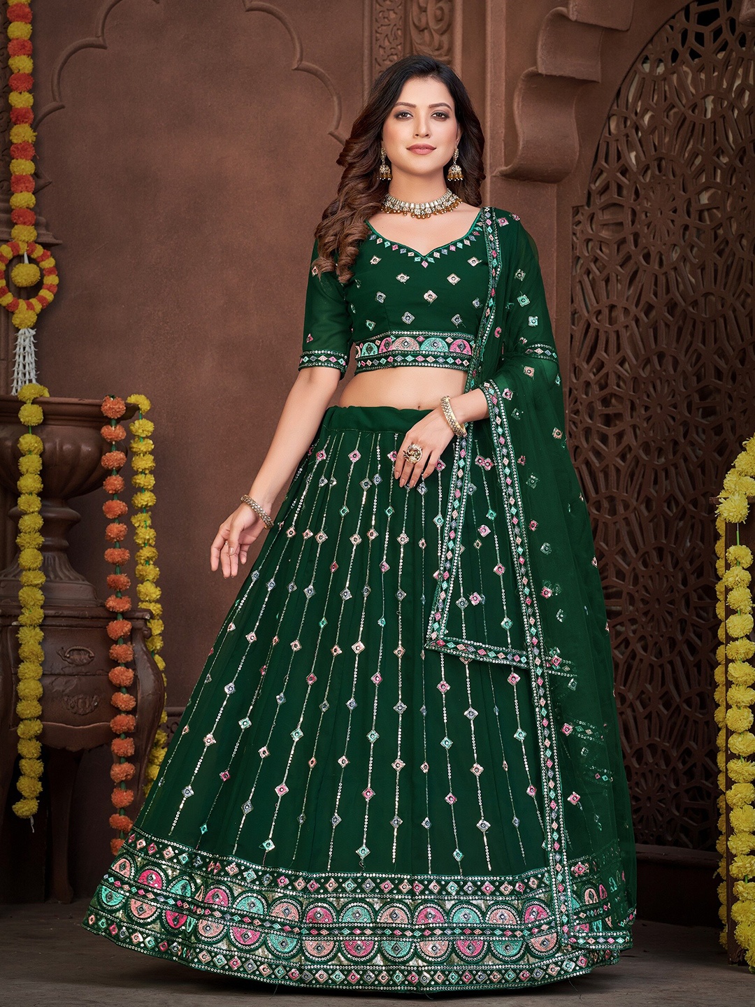 

Warthy Ent Embroidered Sequinned Semi-Stitched Lehenga & Unstitched Blouse With Dupatta, Green