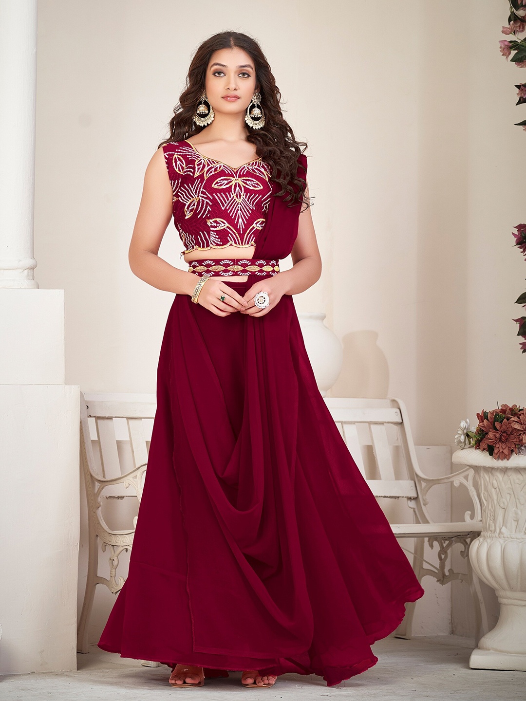 

Warthy Ent Embroidered Thread Work Semi-Stitched Lehenga & Unstitched Blouse With Dupatta, Maroon