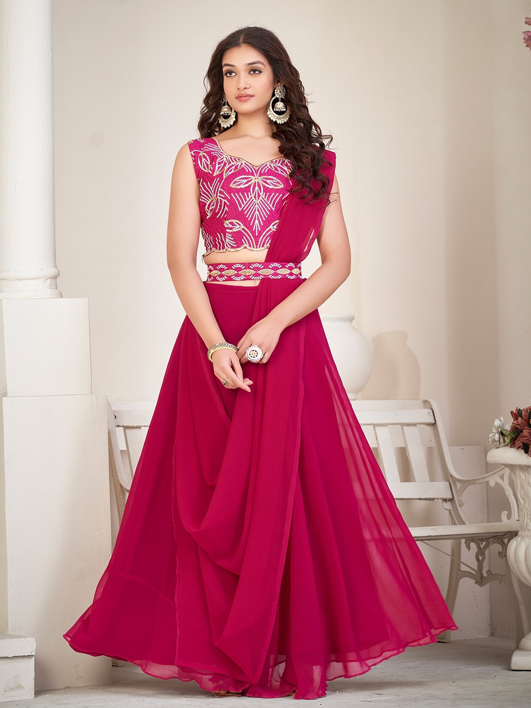 

Warthy Ent Embroidered Semi-Stitched Lehenga & Unstitched Blouse With Dupatta, Pink