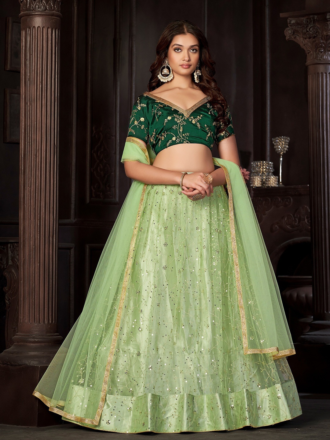 

Warthy Ent Embroidered Sequinned Semi-Stitched Lehenga & Unstitched Blouse With Dupatta, Green