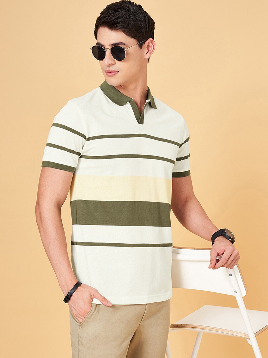 

BYFORD by Pantaloons Men Striped Polo Collar Pockets Slim Fit T-shirt, Green