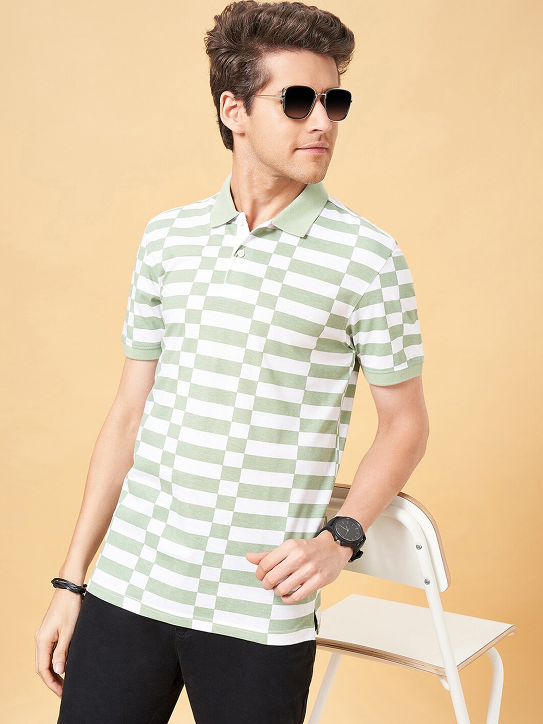 

BYFORD by Pantaloons Men Striped Polo Collar Pockets Slim Fit T-shirt, Green