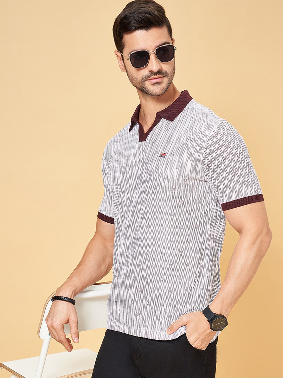 

BYFORD by Pantaloons Men pure cotton Polo Collar Self Design Slim Fit T-shirt, Grey