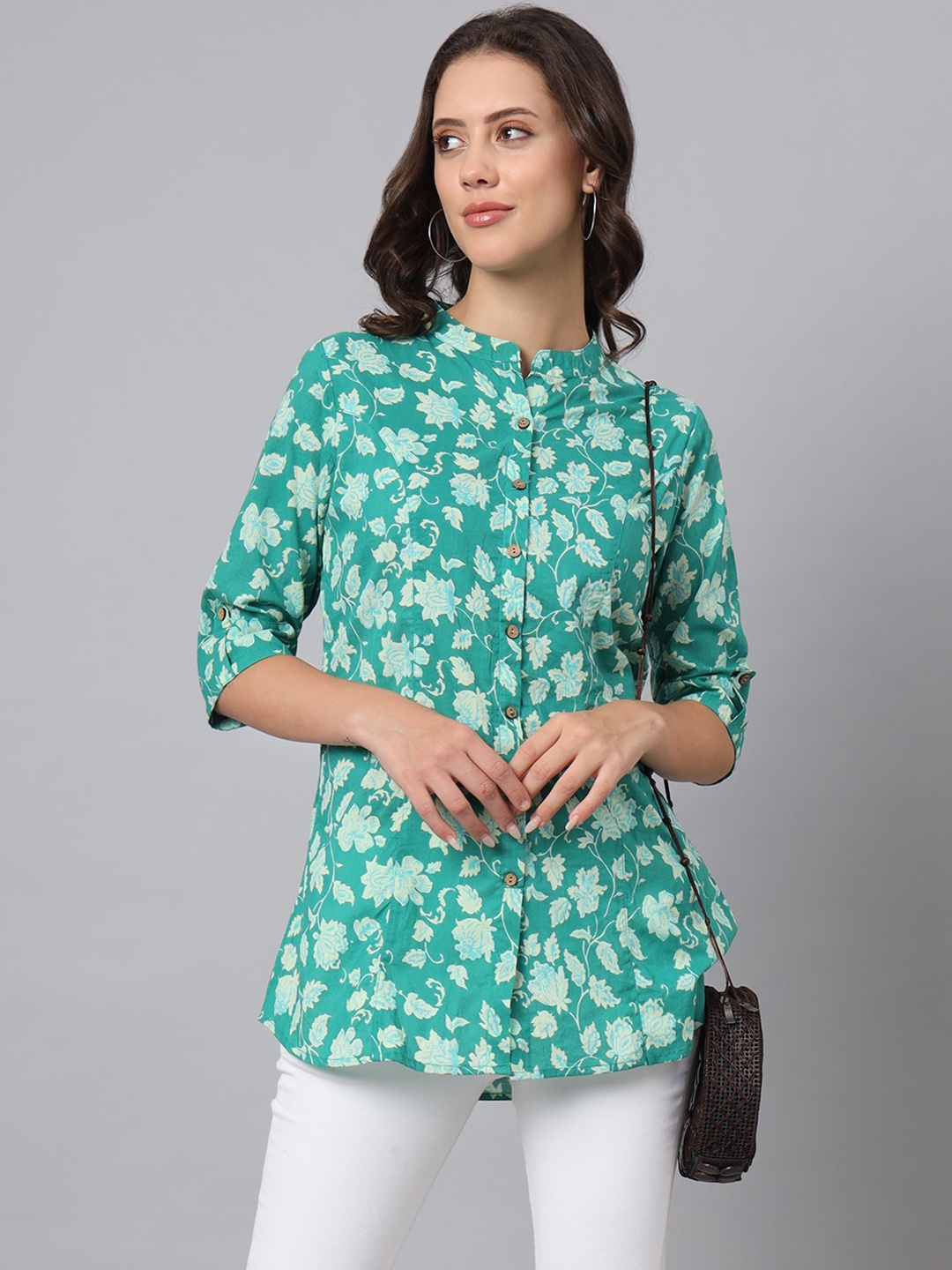 

Divena Women Floral Printed Mandarin Collar Shirt Style Top, Green