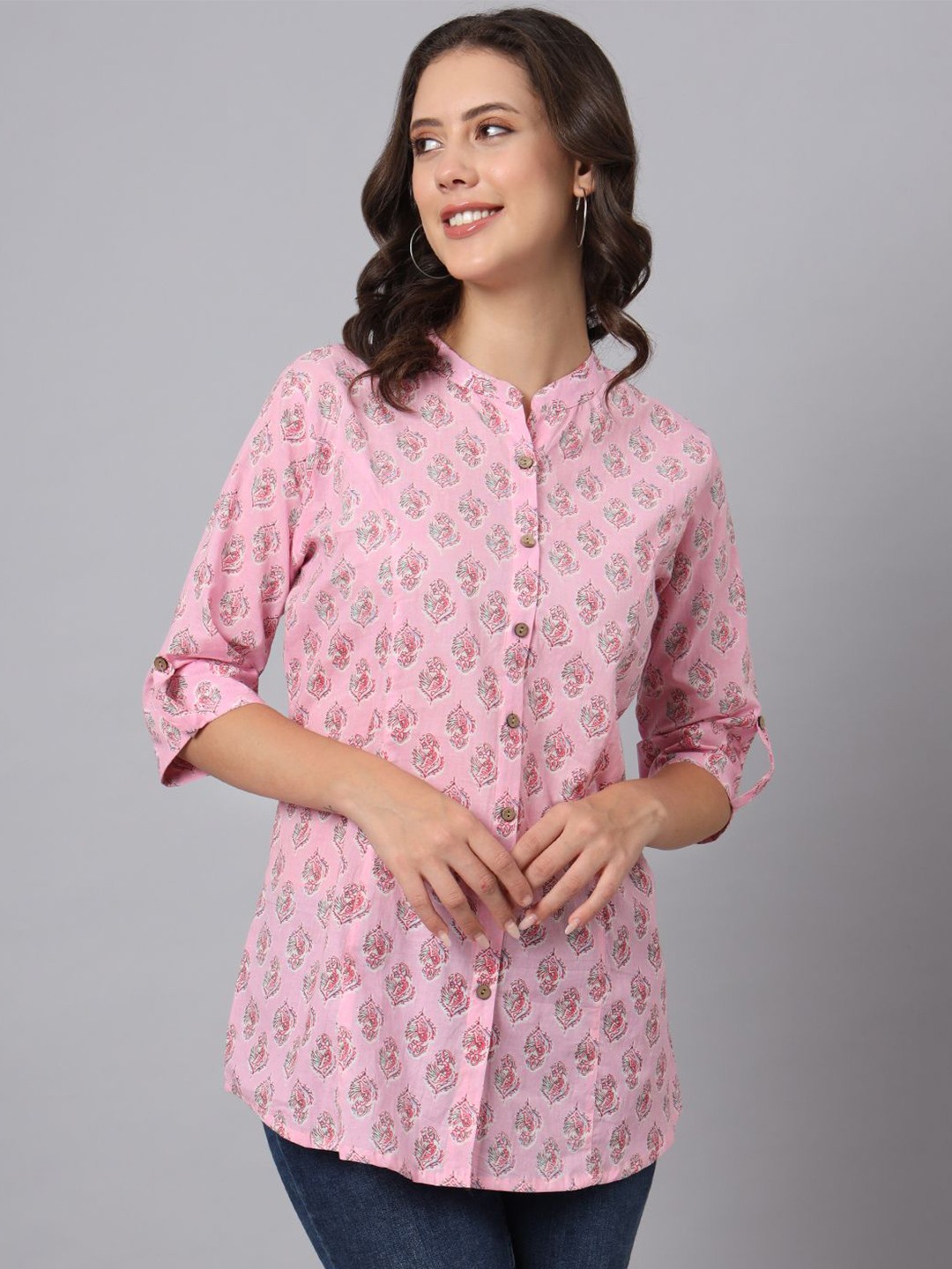 

Divena Print Mandarin Collar Roll-Up Sleeves Cotton Shirt Style Top, Pink