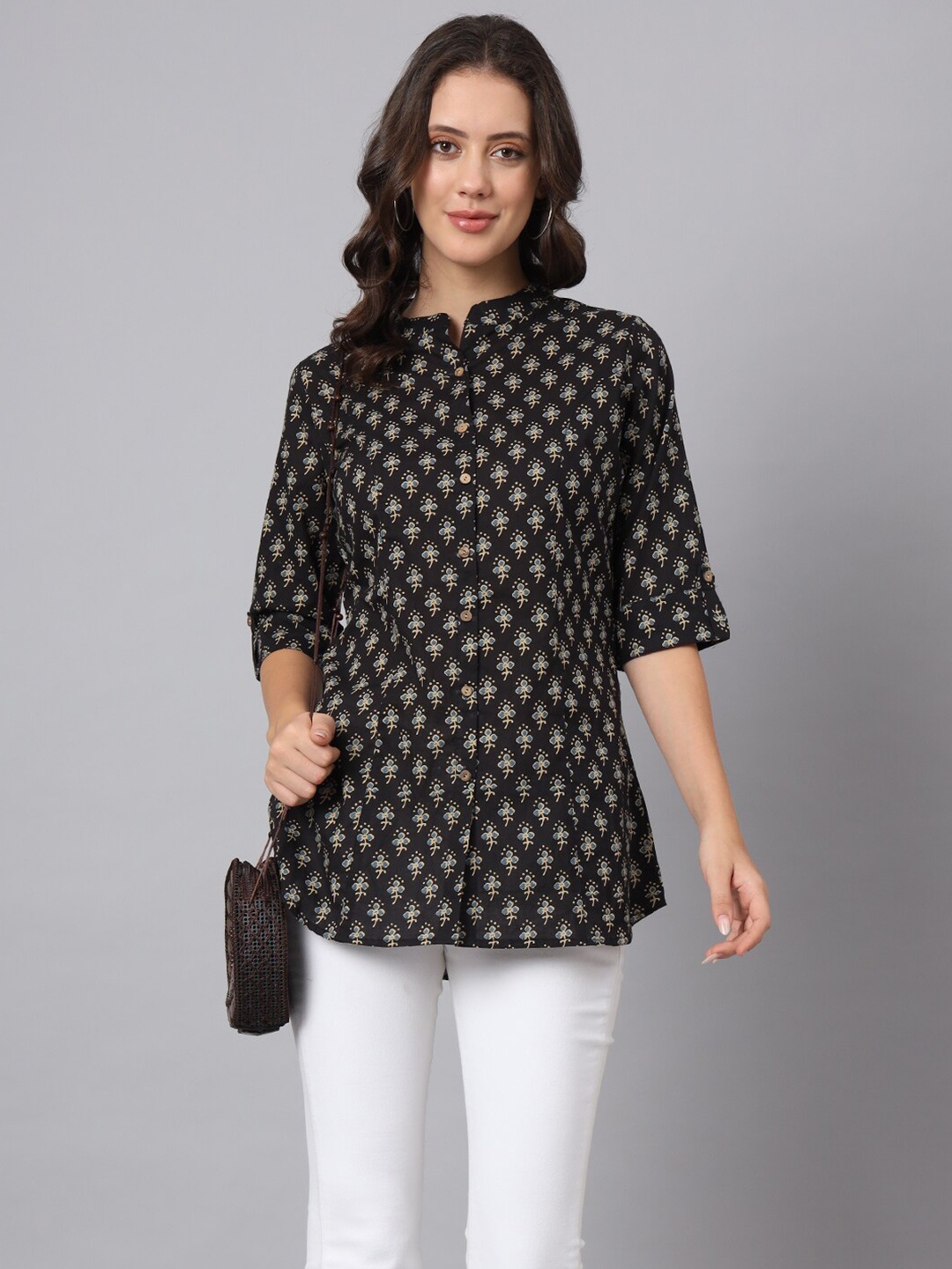 

Divena Print Cotton Shirt Style Top, Black