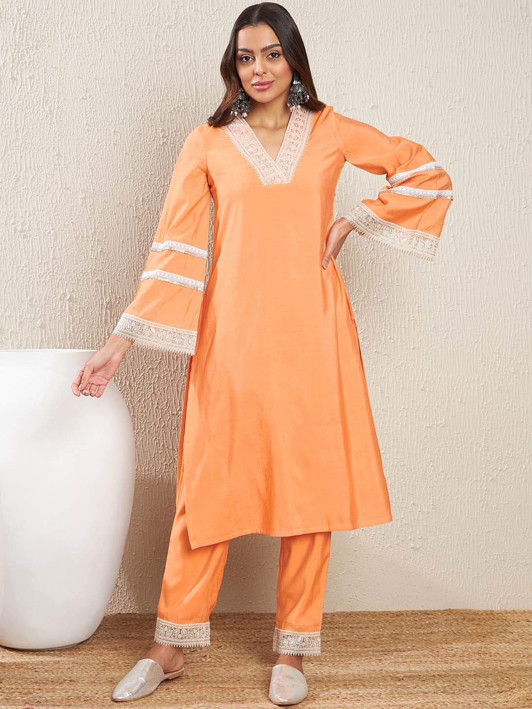 

ADORNIA V-Neck Flared Sleeves Thread Work Kurta with Trousers, Peach