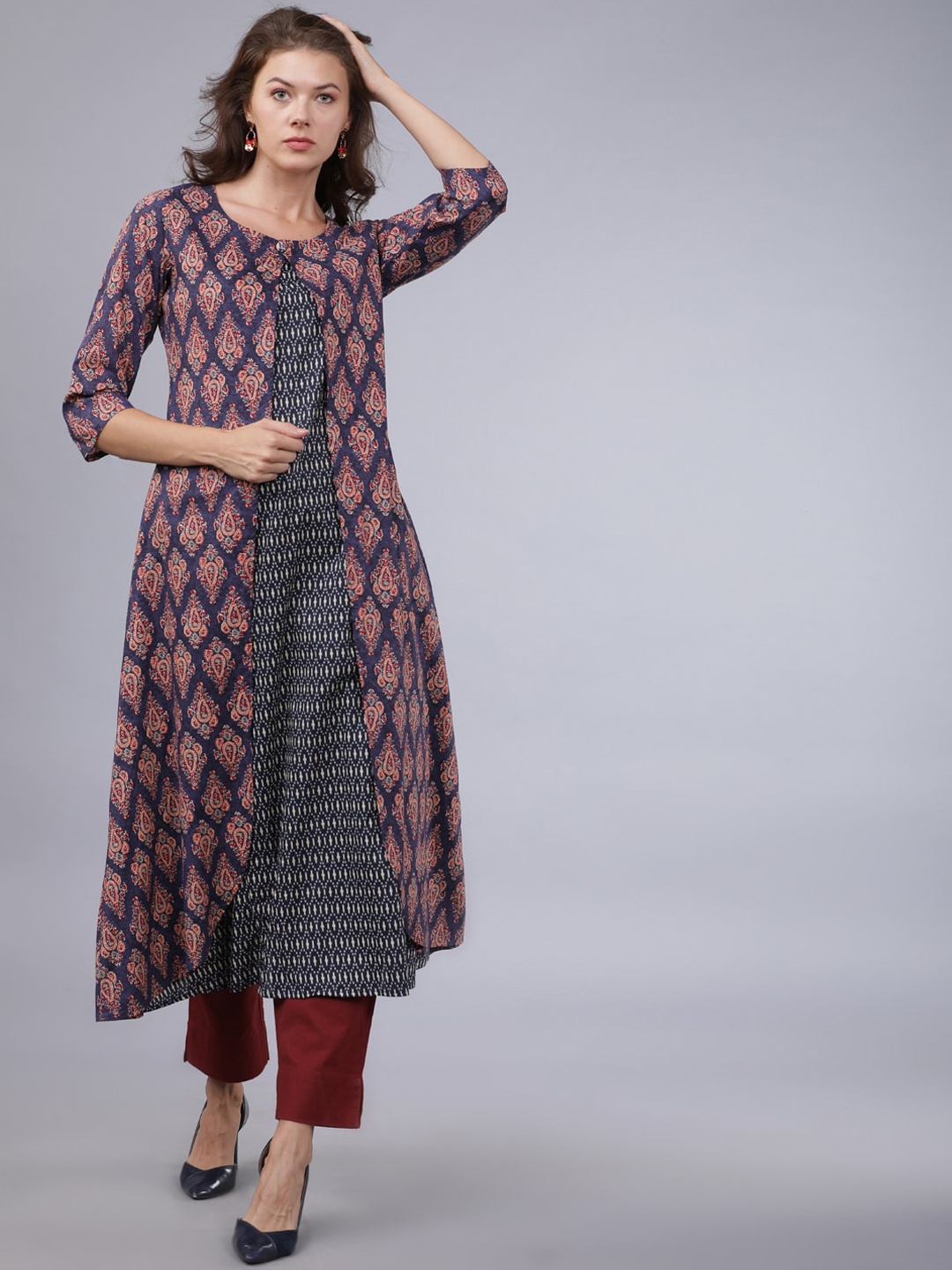 

Vishudh Navy Blue Ethnic Motifs Printed Layered Cotton A-Line Kurta