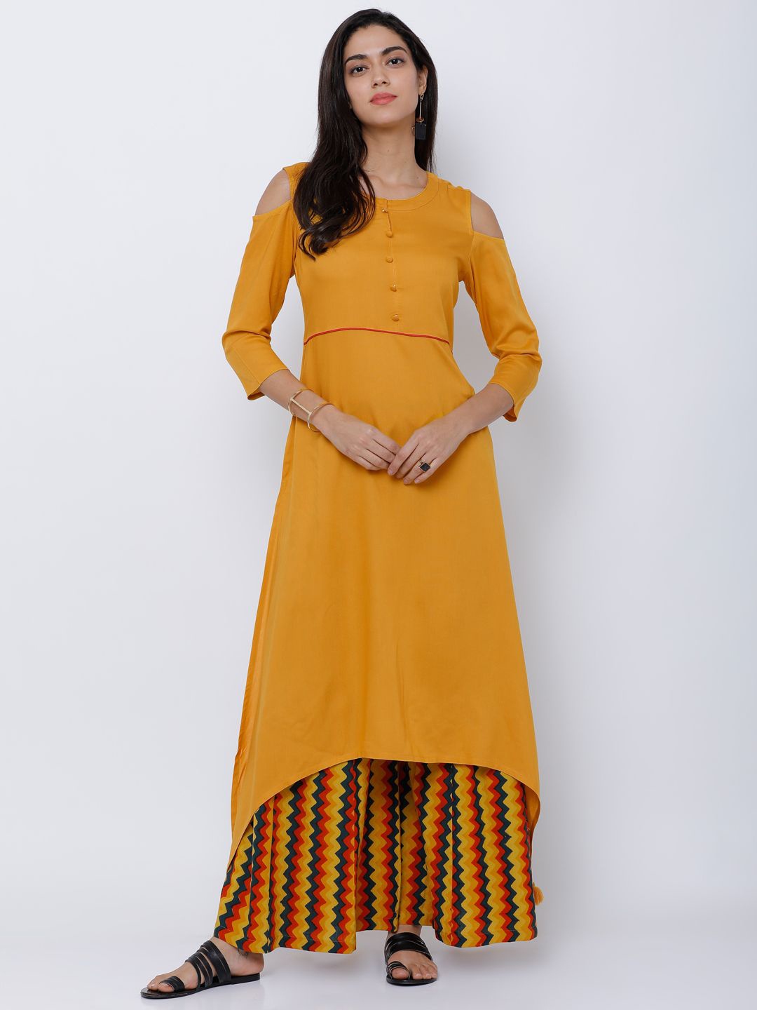 

Vishudh Mustard Yellow Cold-Shoulder Sleeves Asymmetric Hem A-Line Kurta