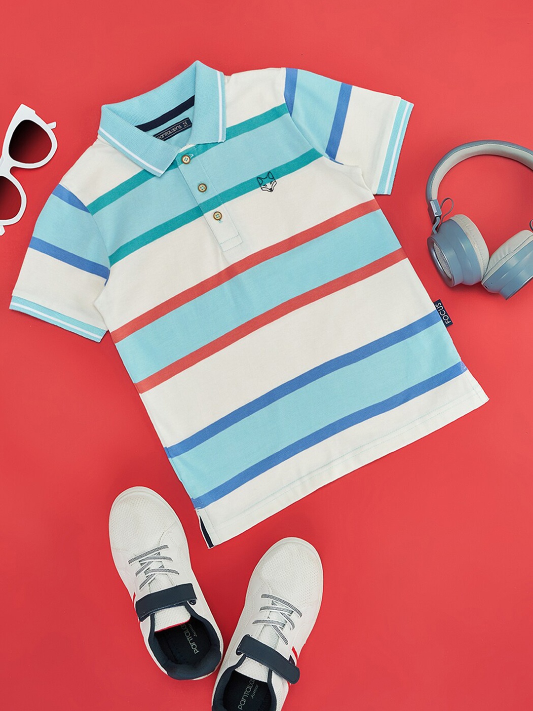 

Pantaloons Junior Boys pure cotton Striped Polo Collar T-shirt, White