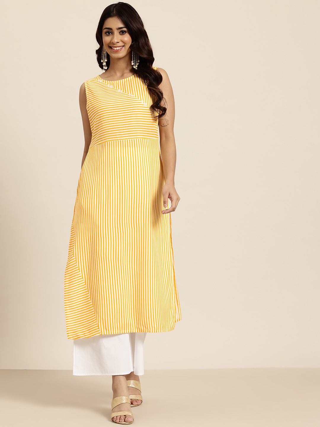 

HERE&NOW Striped Kurta, Yellow