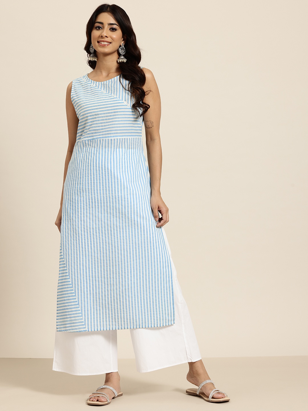 

HERE&NOW Striped Pure Cotton Kurta, Blue