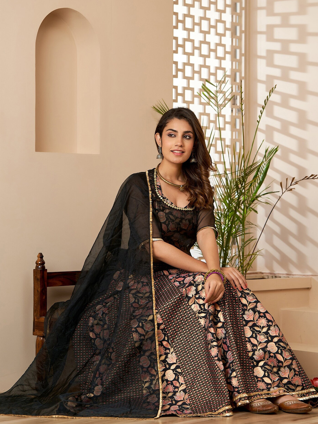 

HERE&NOW Foil Printed Cotton Ready to Wear Lehenga & Blouse With Dupatta, Black