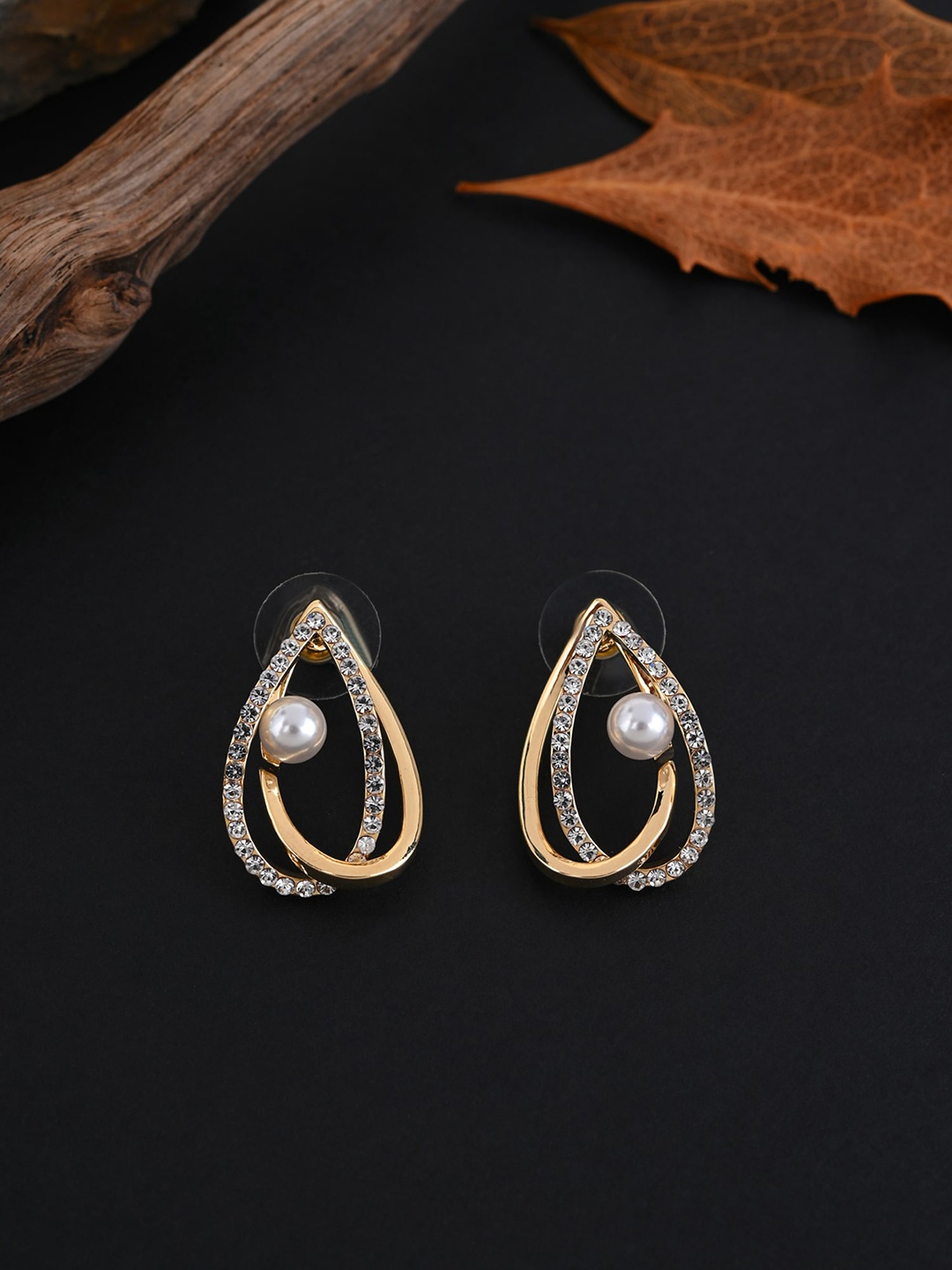 

E2O Gold-Plated Stone Studded & Beaded Teardrop Shaped Studs Earrings