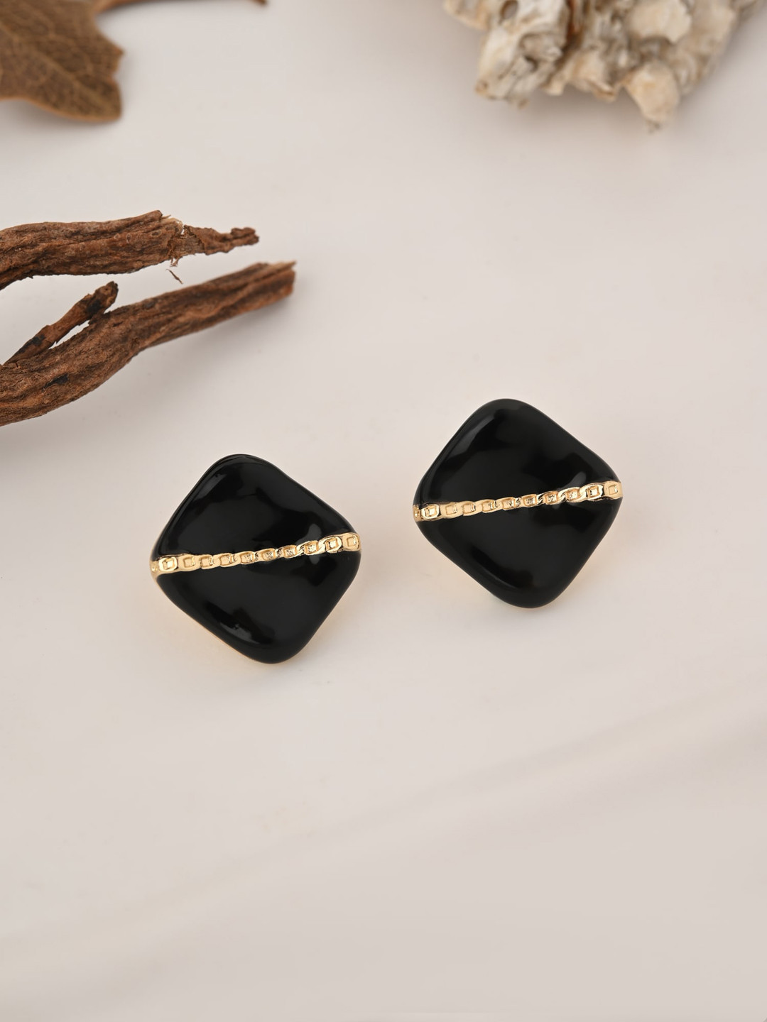 

E2O Gold-Plated Geometric Stud Earrings, Black