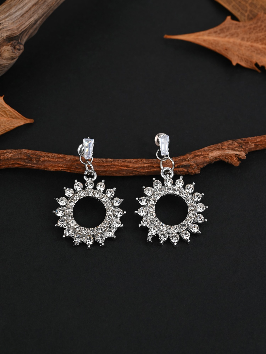 

E2O Gold-Plated Stone Studded Circular Drop Earrings, Silver