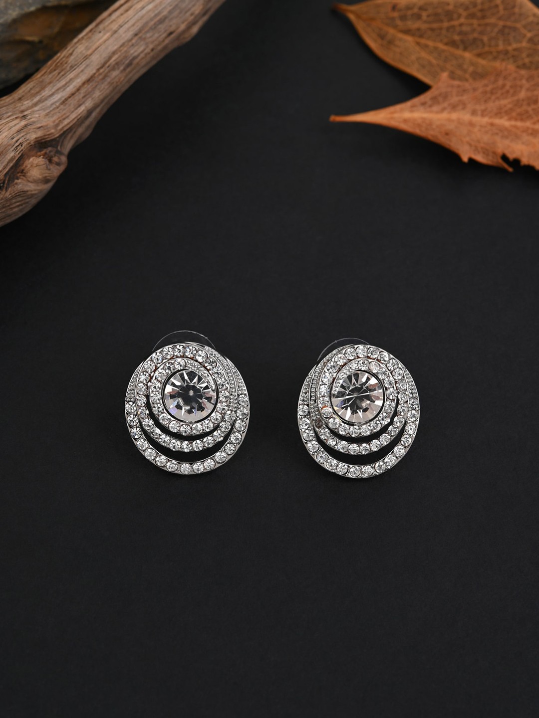 

E2O Silver-Plated Stone-Studded Circular Studs Earrings