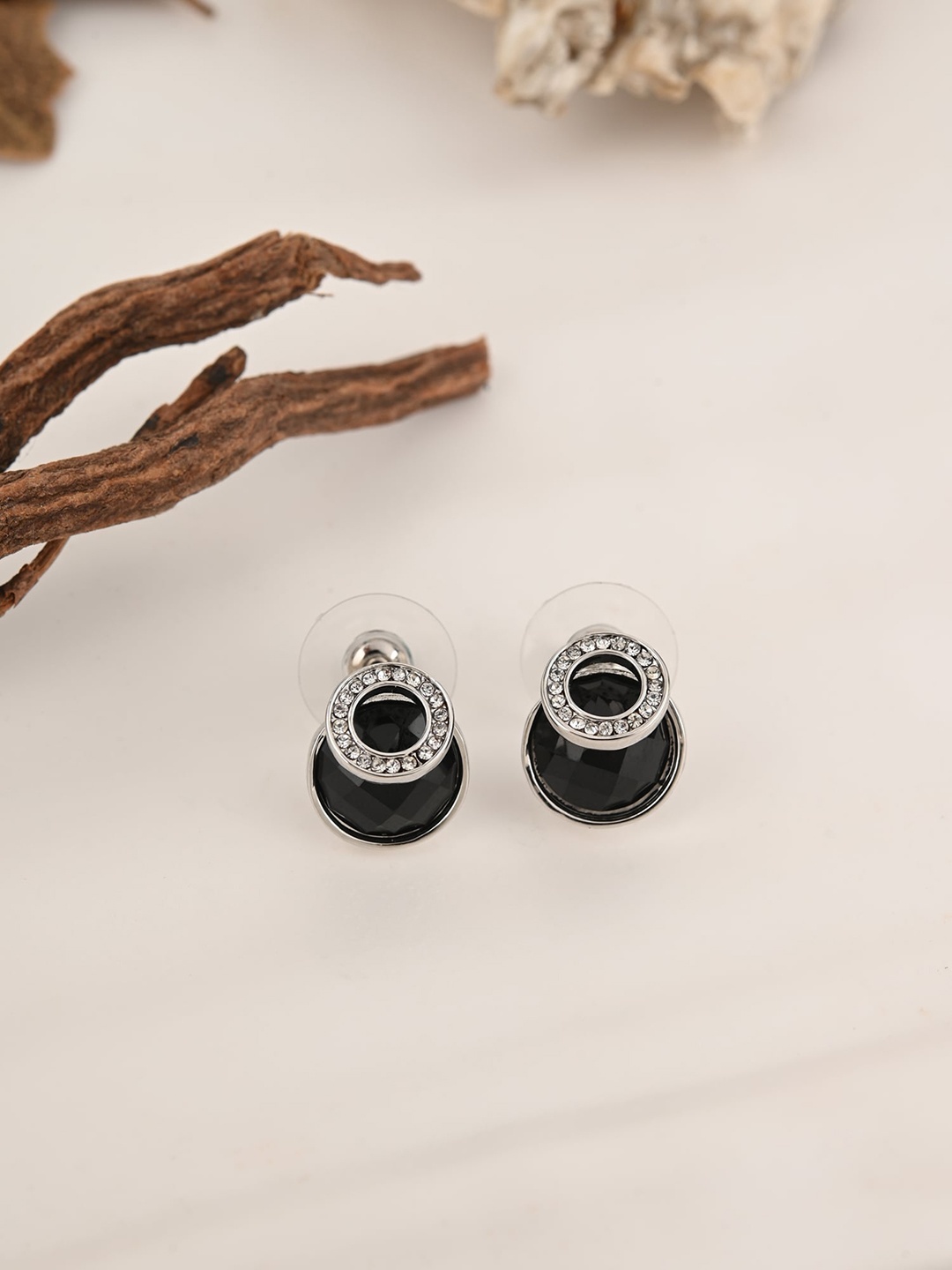 

E2O Silver-Plated Stone Studded Circular Studs Earrings